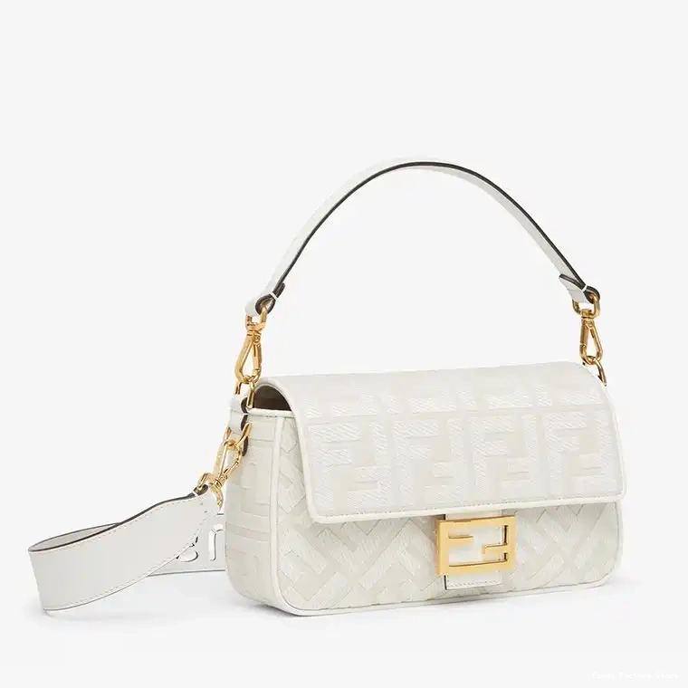 Cheap In Canvas Baguette Motif White with Fendi Medium FF Laser Cut Bag Strap 0506